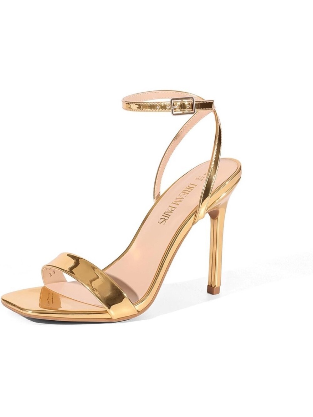 Women’s Gold-Pat High Stilettos Open Square Toe Ankle Strap Comfortable Heel